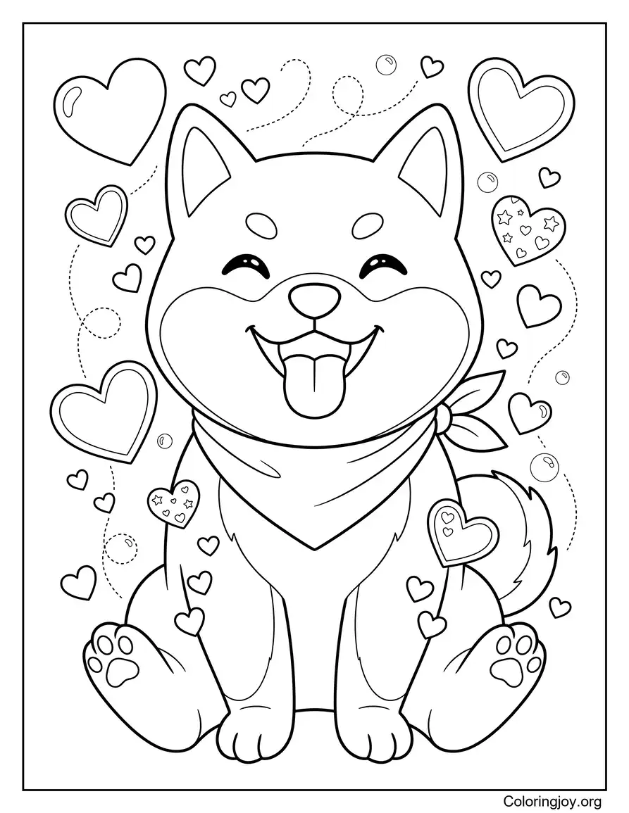 Cute Shiba Inu Surrounded by Hearts Coloring Sheet