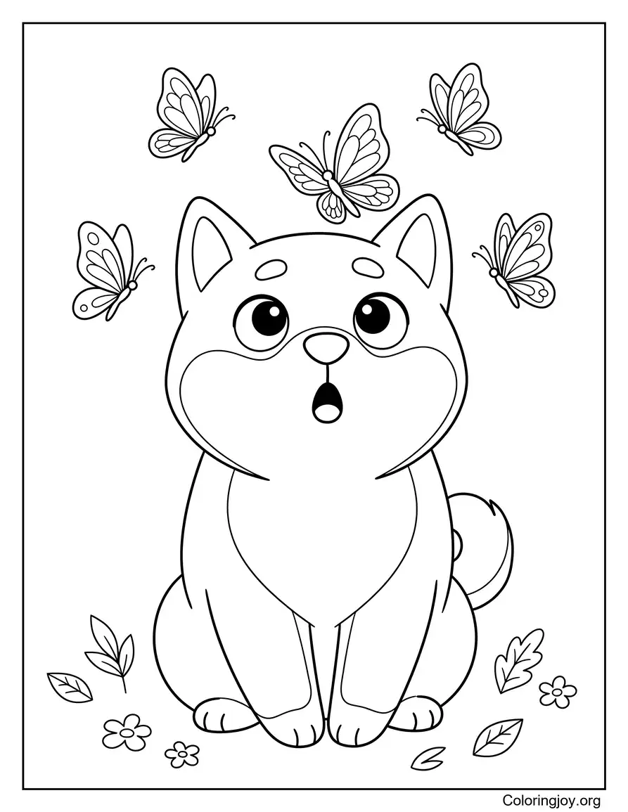 Shiba Inu With Butterfly Friends Coloring Sheet