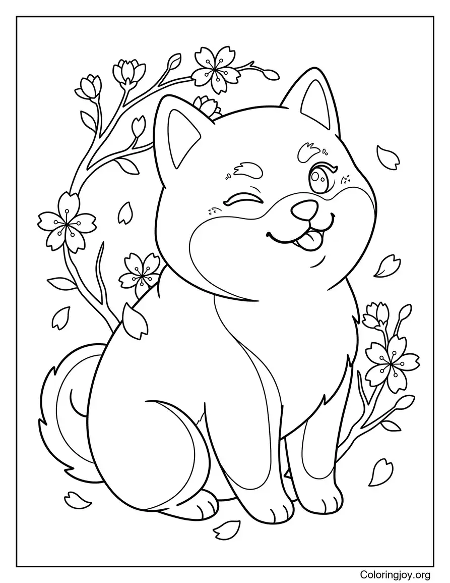 Shiba Inu With Cherry Blossoms Coloring Page