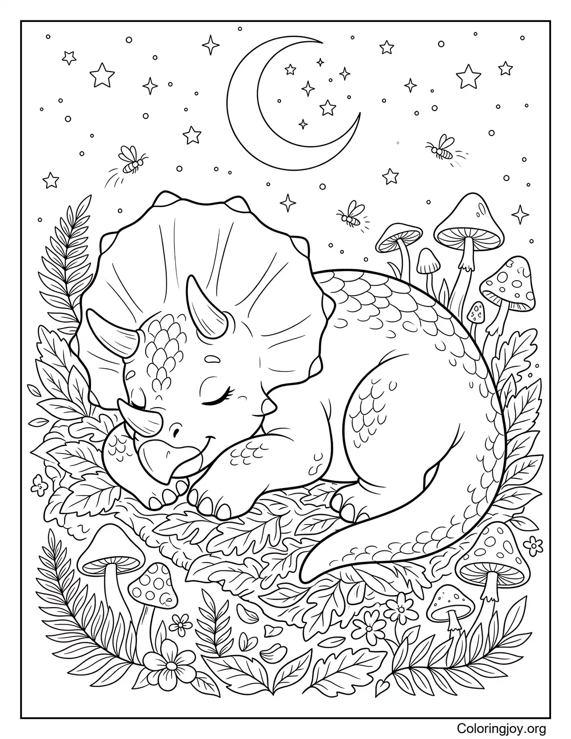 Sleeping Baby Triceratops Under Stars Coloring Sheet