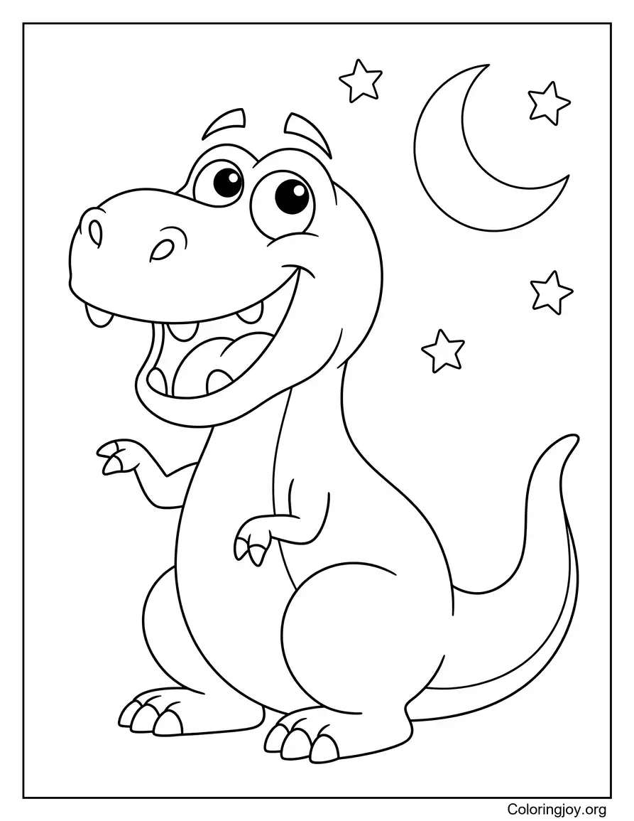 Ausmalbild: Schlafender süßer T-Rex unter den Sternen