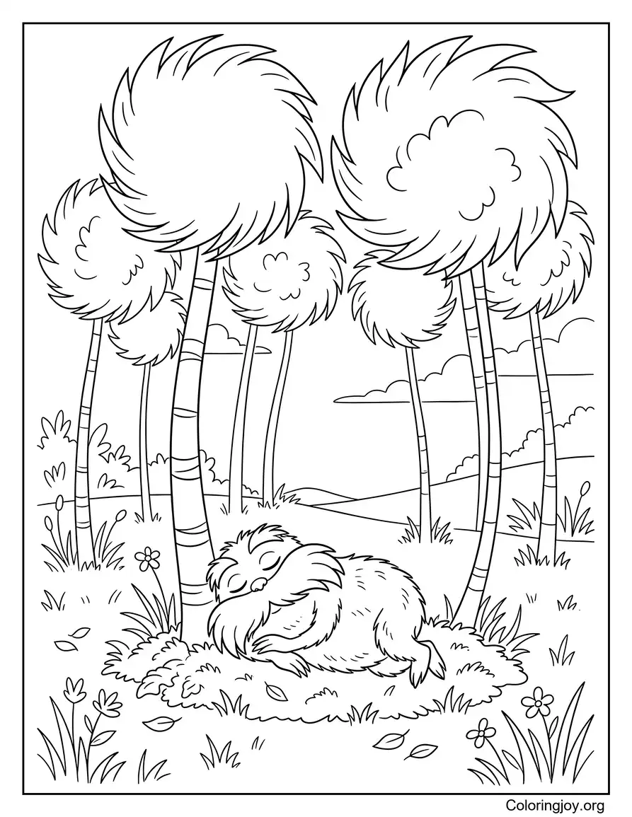 Sleeping Lorax Under Truffula Trees Coloring Page