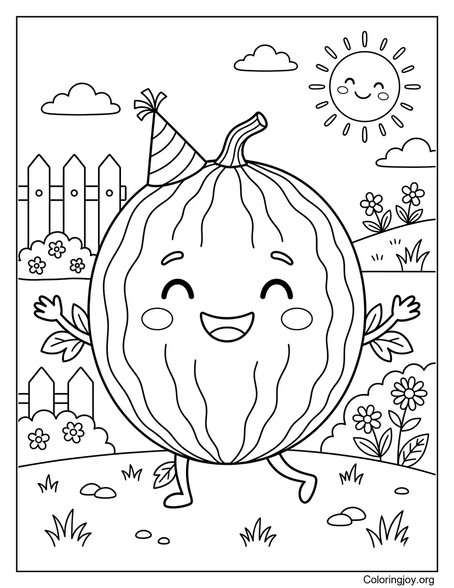 Lächelnde Cartoon-Wassermelone, die in einem sonnigen Hinterhof spielt