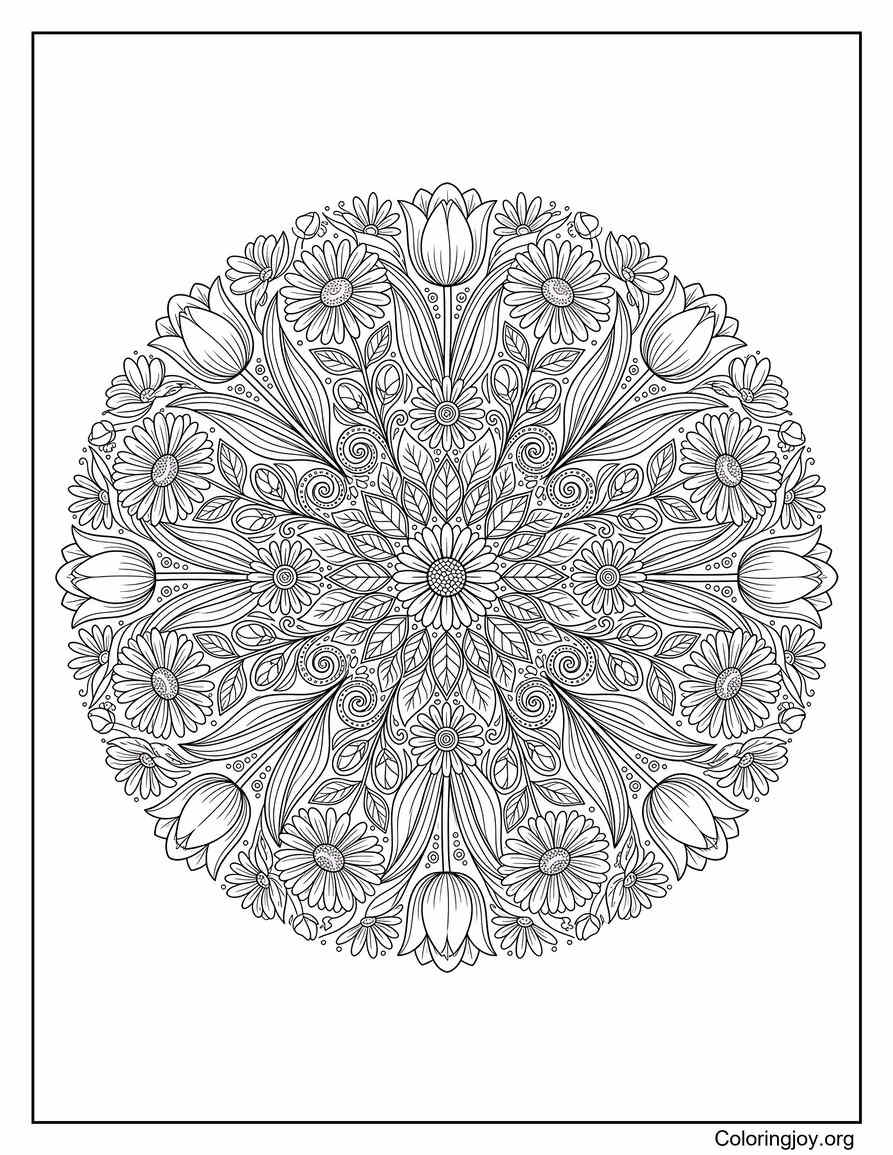 Spring Floral Mandala With Tulips Coloring Page
