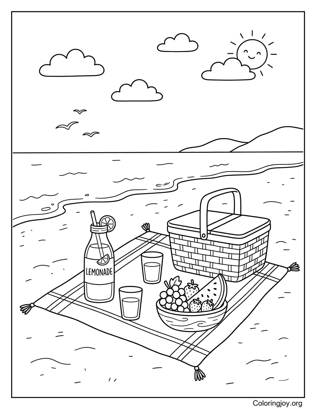 Süßes Strand-Picknick-Spaß-Sommer-Malblatt