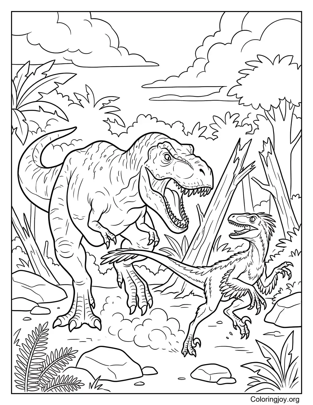 T Rex Vs Velociraptor Battle Coloring Page