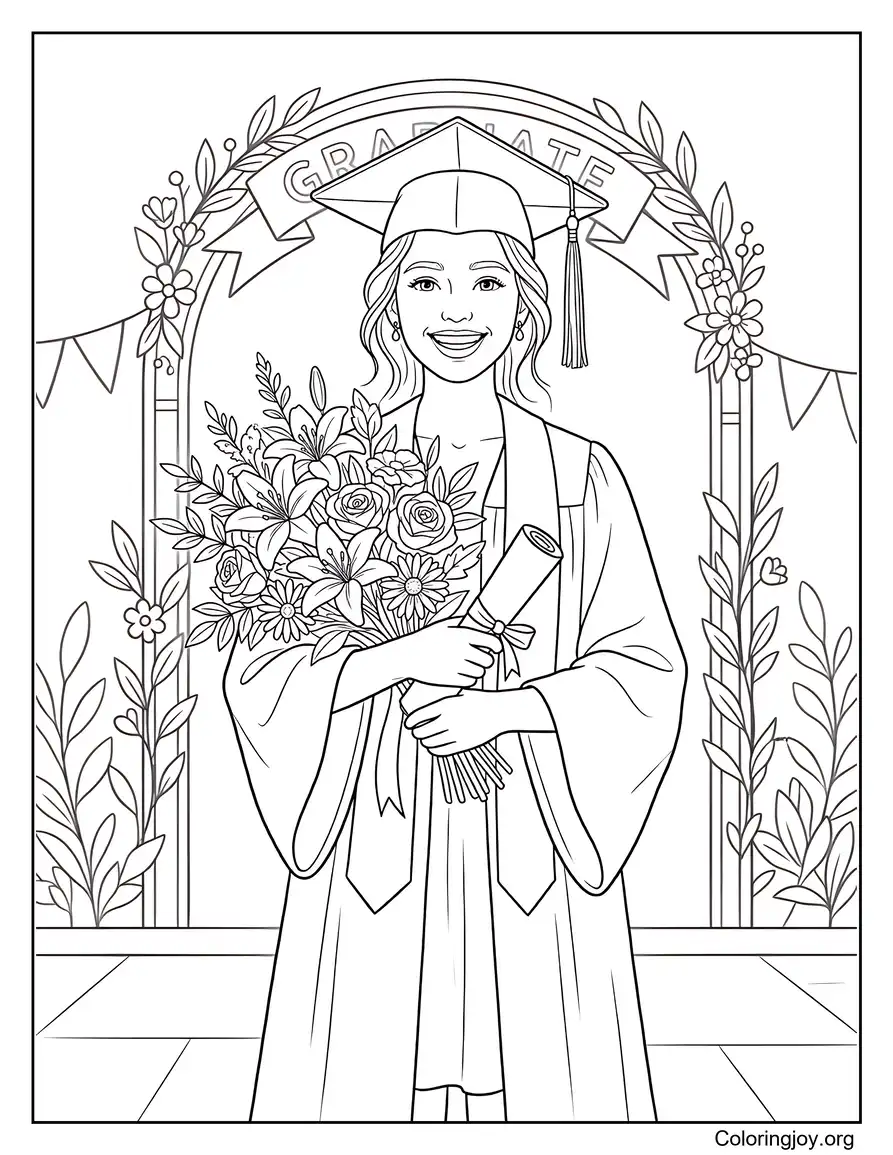 Teen Girl diplômée avec des fleurs et un diplôme