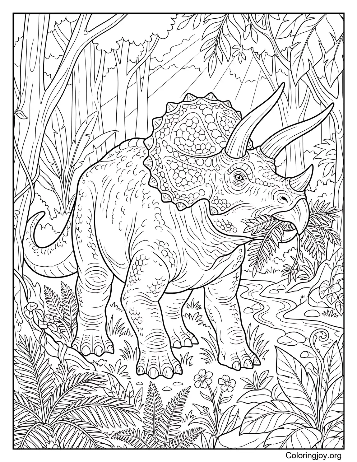 Triceratops Eating Plants in Forest Coloring Sheet