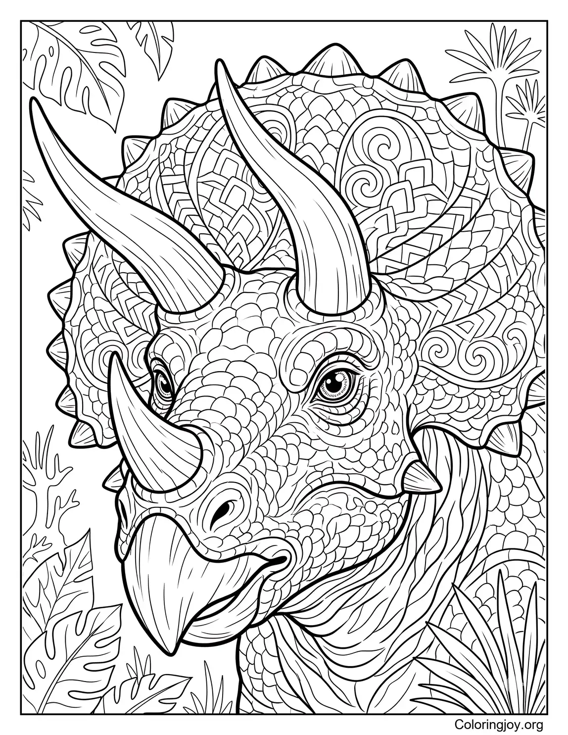 Triceratops Face Close-Up With Big Horns Coloring Page