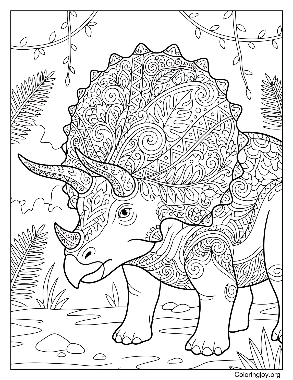 Triceratops With Detailed Frill Pattern Coloring Sheet