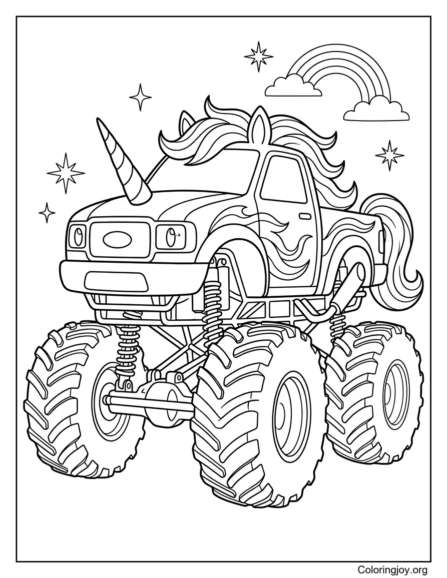 Eenhoorn Monster Truck schattig kleurplaat