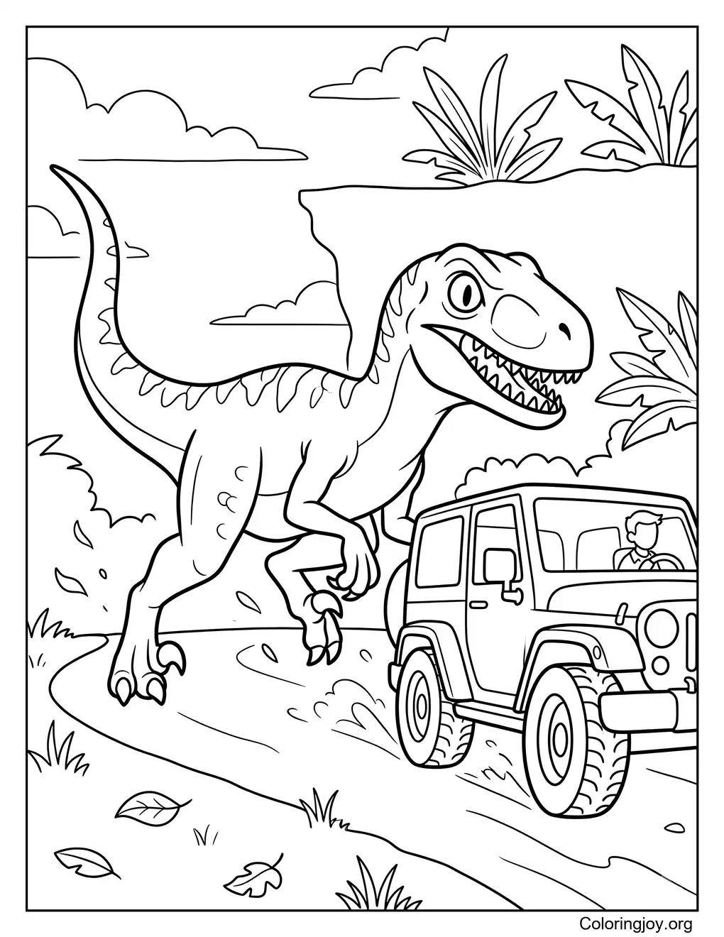 Velociraptor Chasing A Jeep Adventure Coloring Page