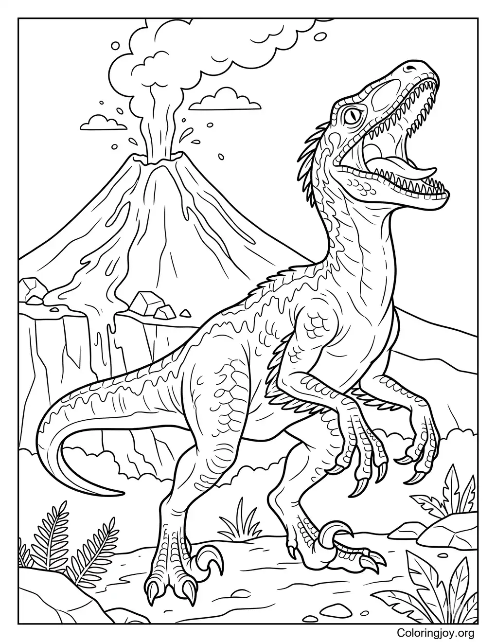 Velociraptor Roaring Under Volcano Coloring Page