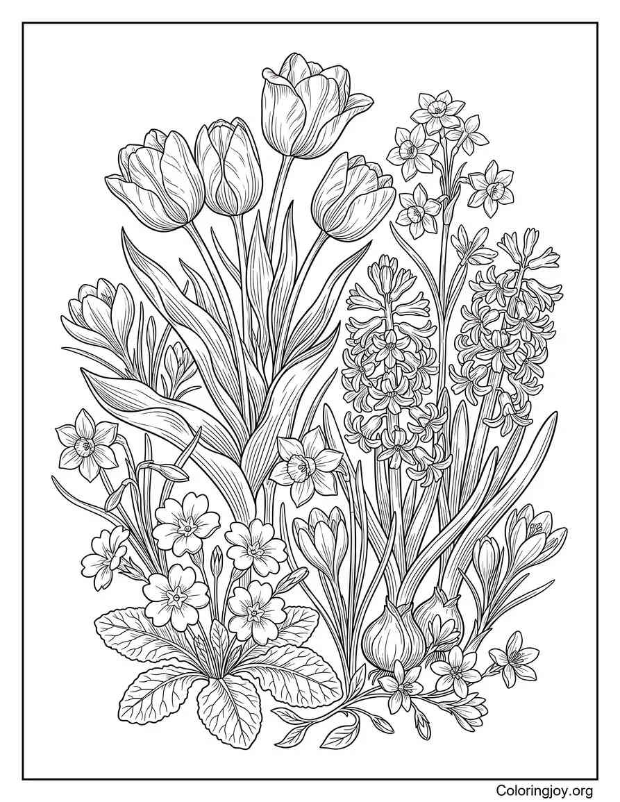 Vintage Botanical Spring Flowers Coloring Page