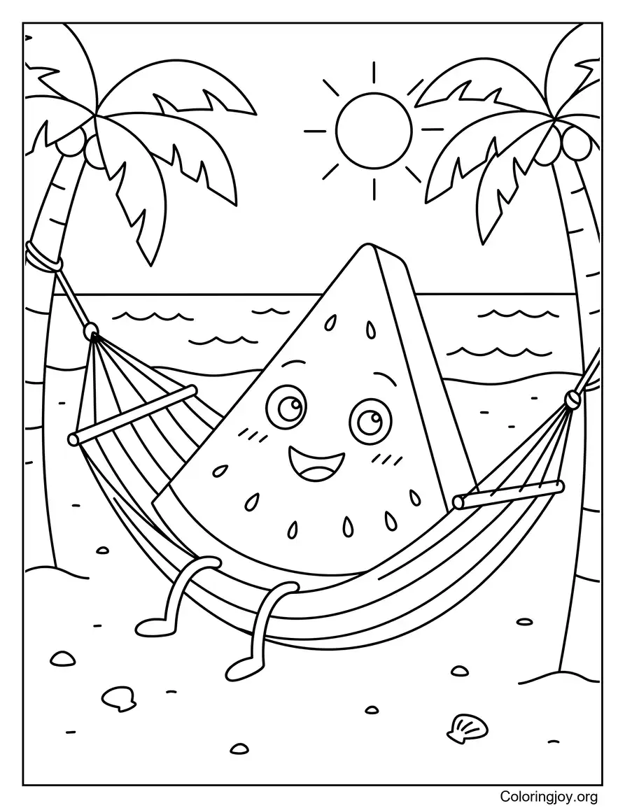 Wassermelonenscheibe entspannt sich in einer Hängematte am Strand