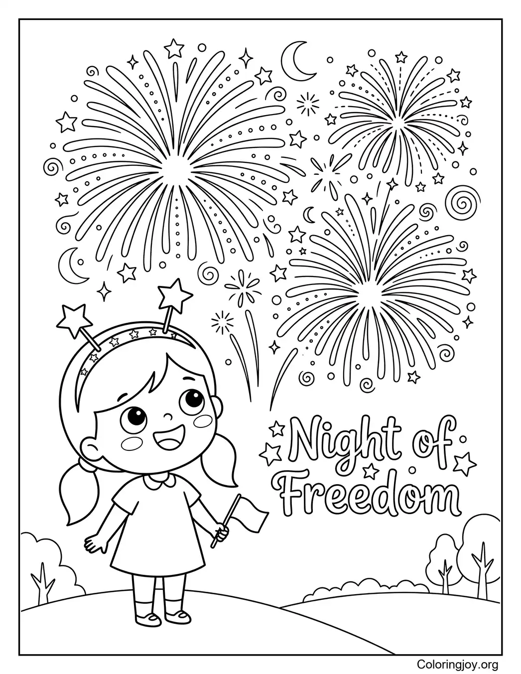4th of July Fireworks at Night Coloring Page