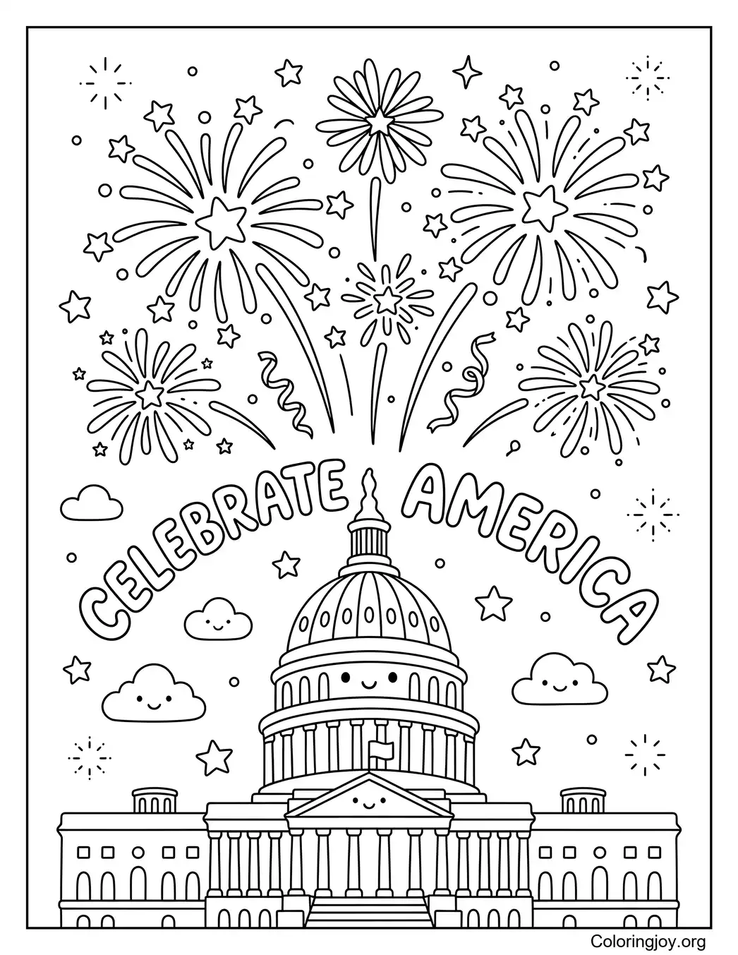 4th of July Fireworks Over Capitol Coloring Page