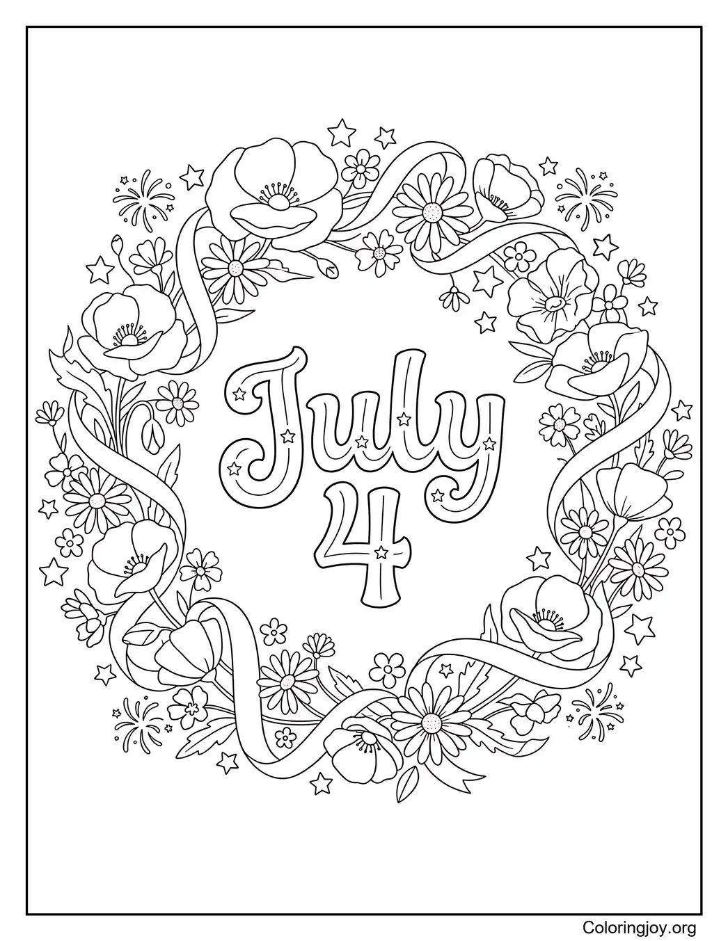 4th of July Floral Wreath Coloring Page