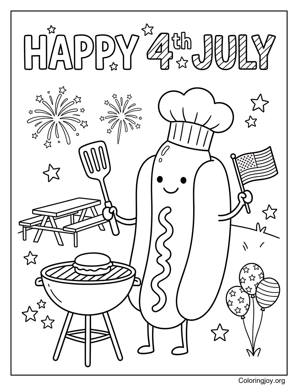 4th of July Hot Dog Coloring Page
