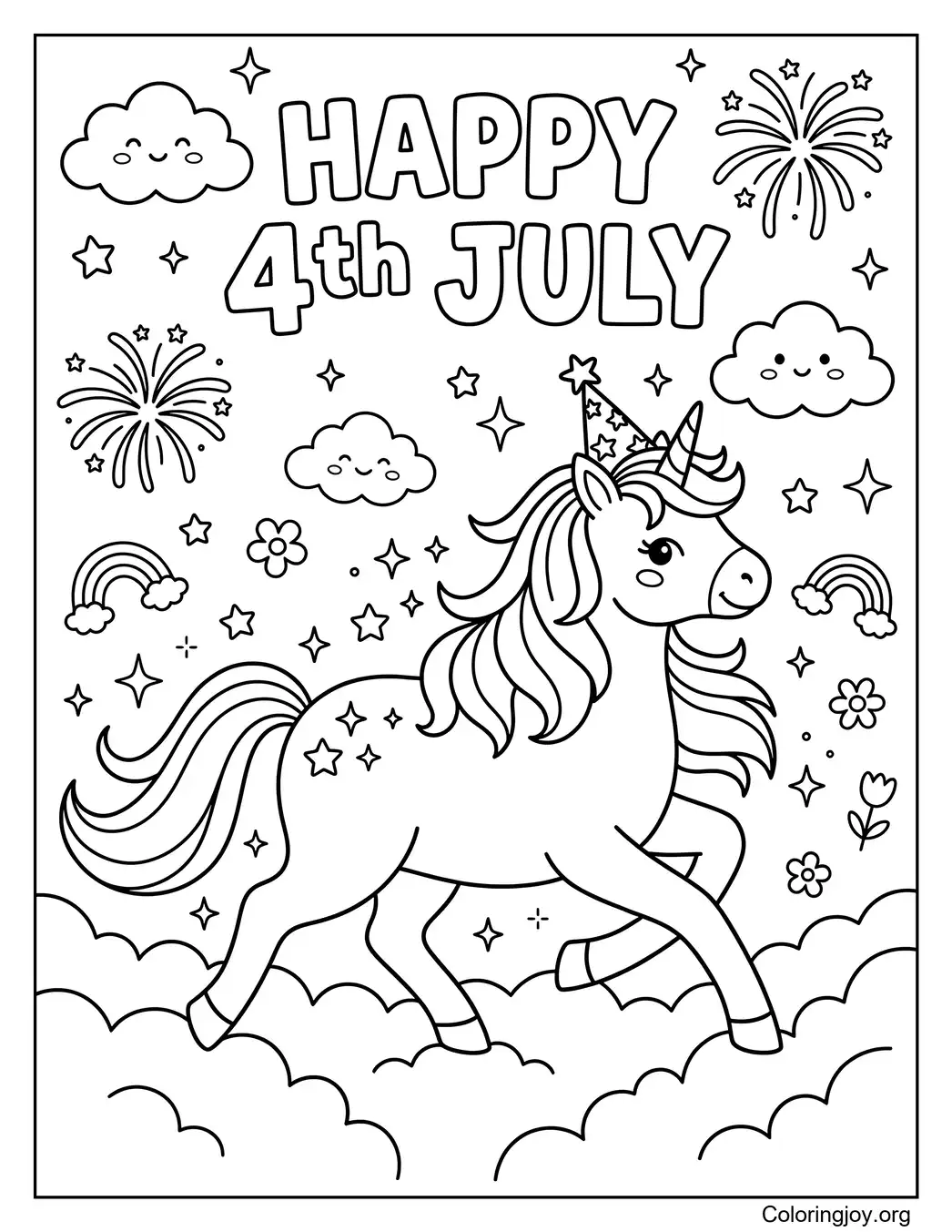 4th of July Unicorn Coloring Page