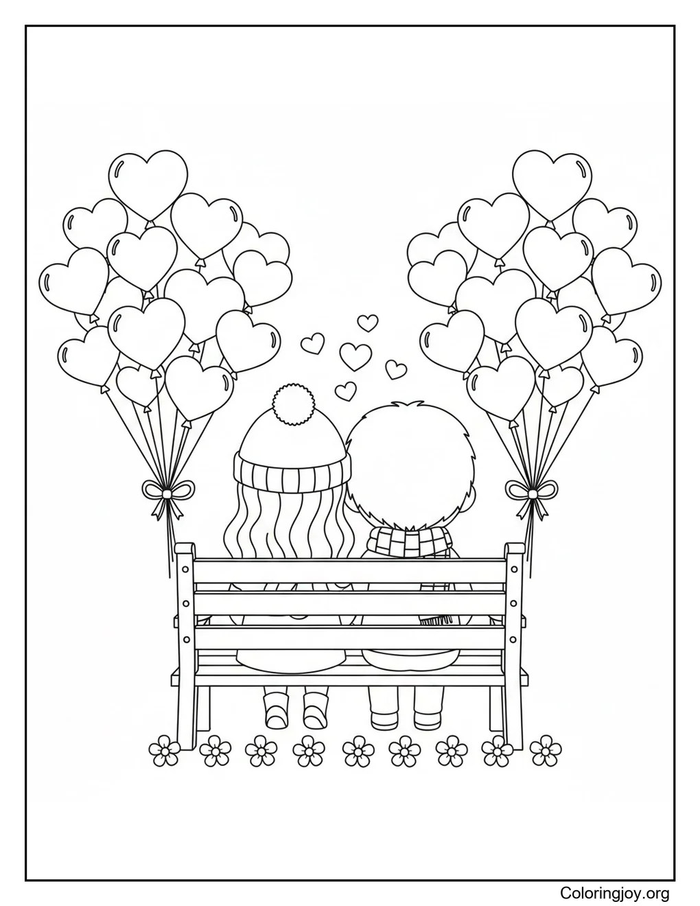 Couple sitting in bench Heart Balloons