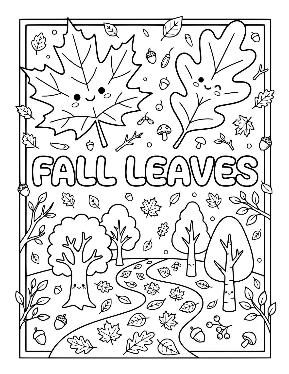 Quiet autumn scene with oversized Fall Leaves and one  tree for coloring.