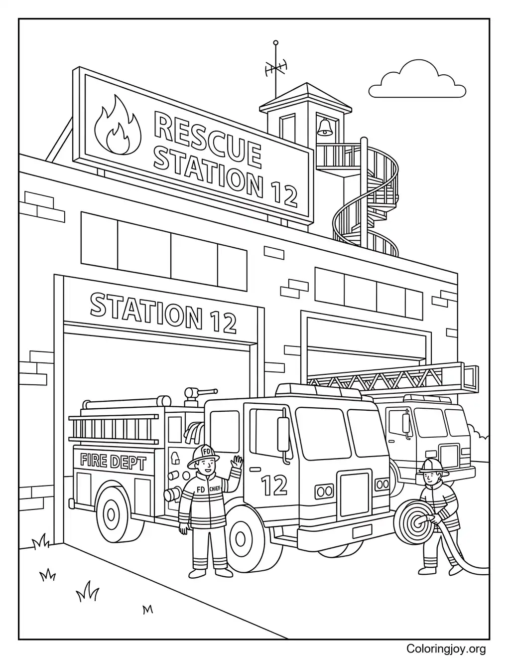 Big Fire Truck Rescue Station Coloring Page