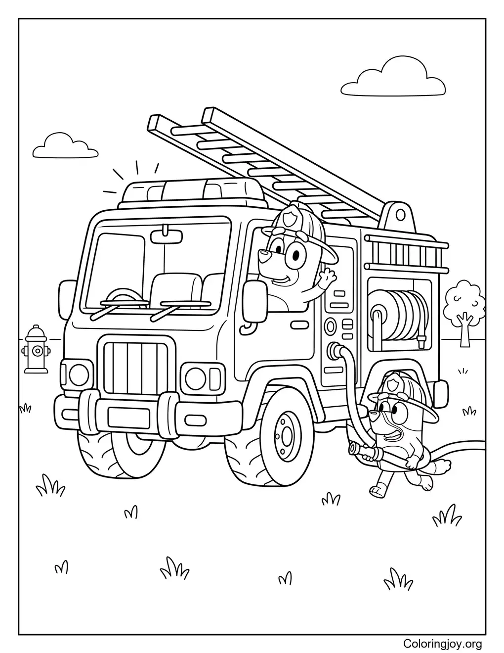 Bluey Style Fire Truck Coloring Page