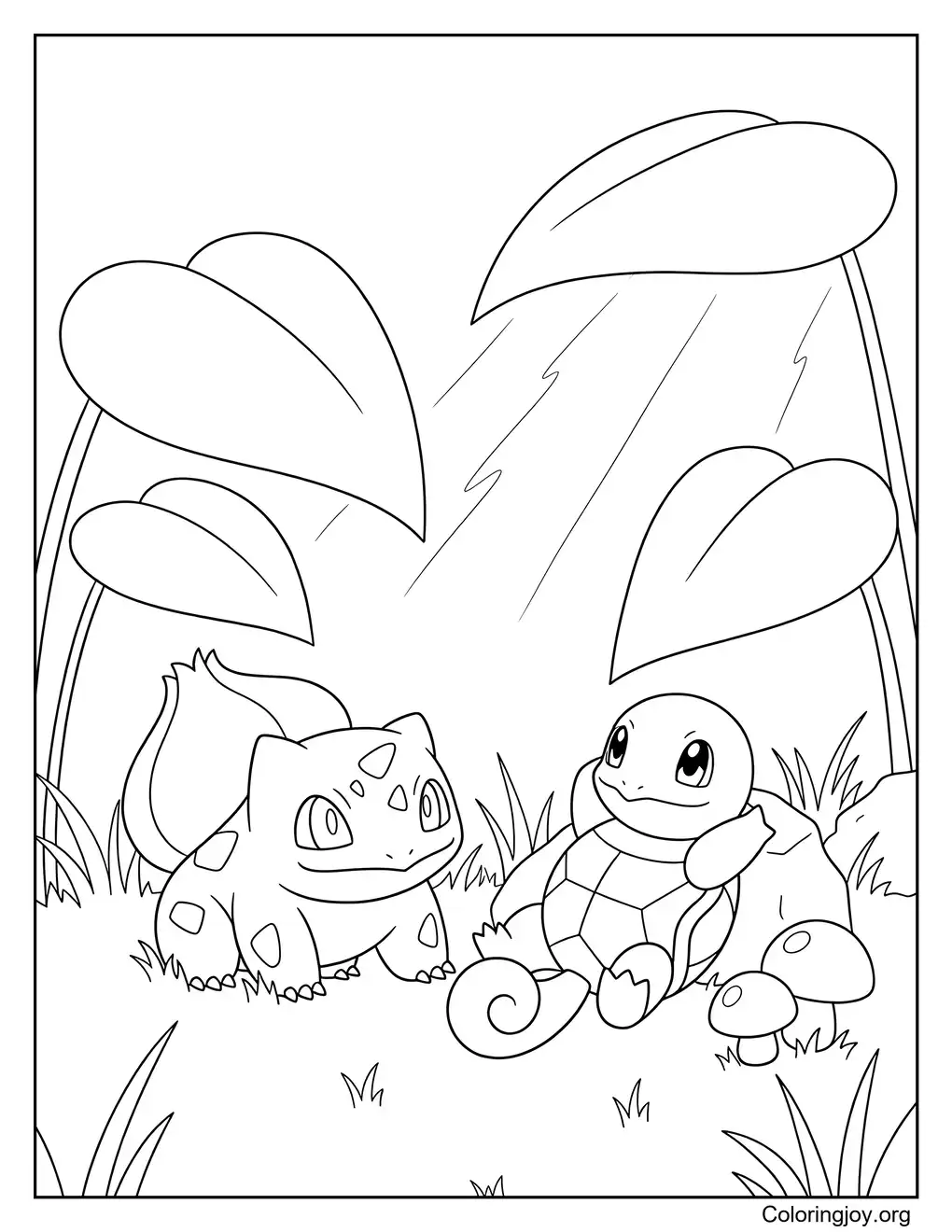 Bulbasaur and Squirtle themed coloring sheet for printing