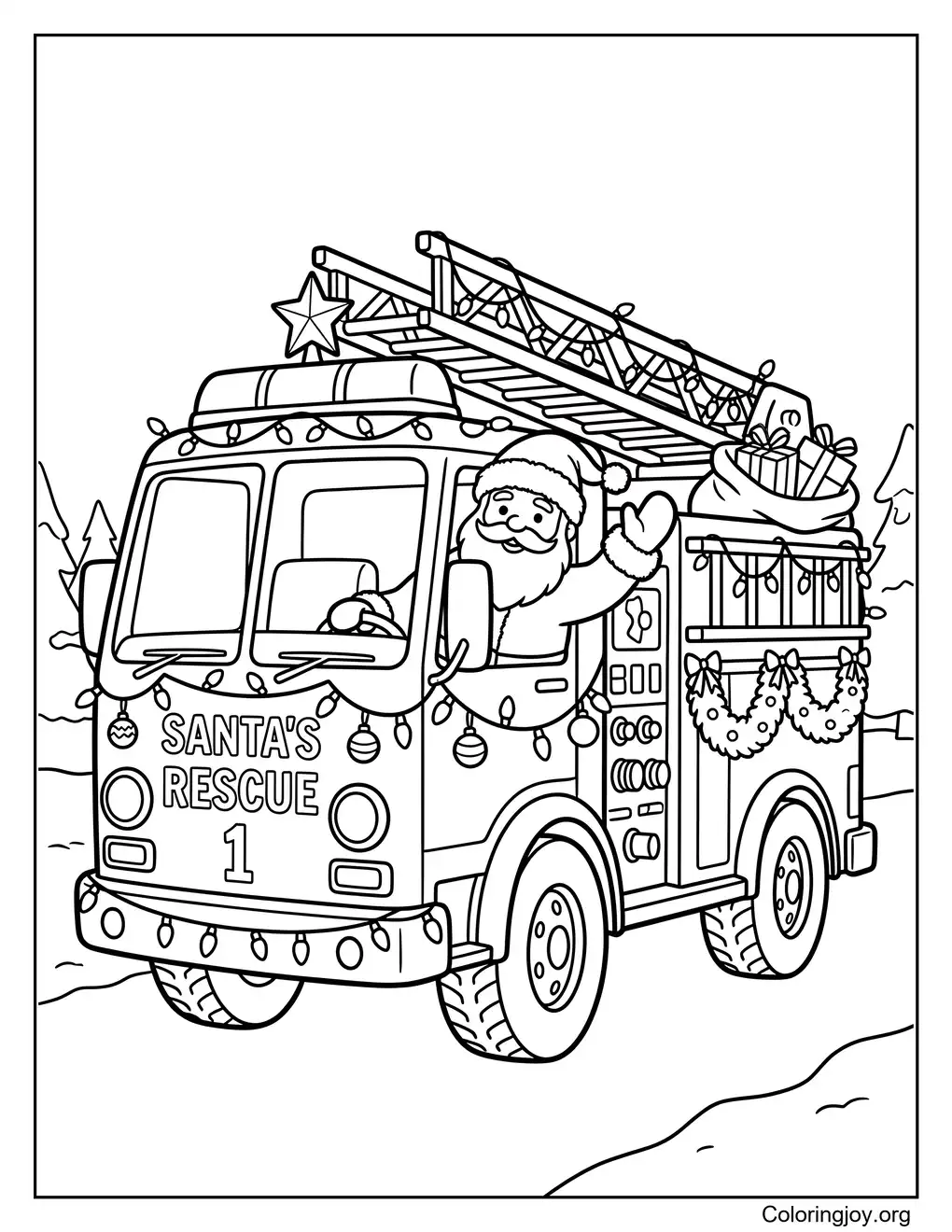 Christmas Fire Truck Coloring Page