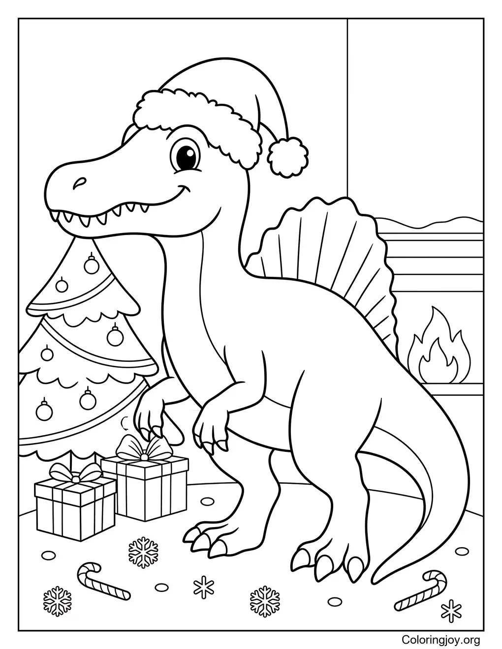 Christmas Spinosaurus Coloring Page With a Santa Hat