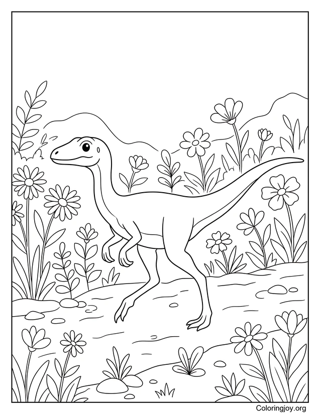 Coloriage Compsognathus par fleurs