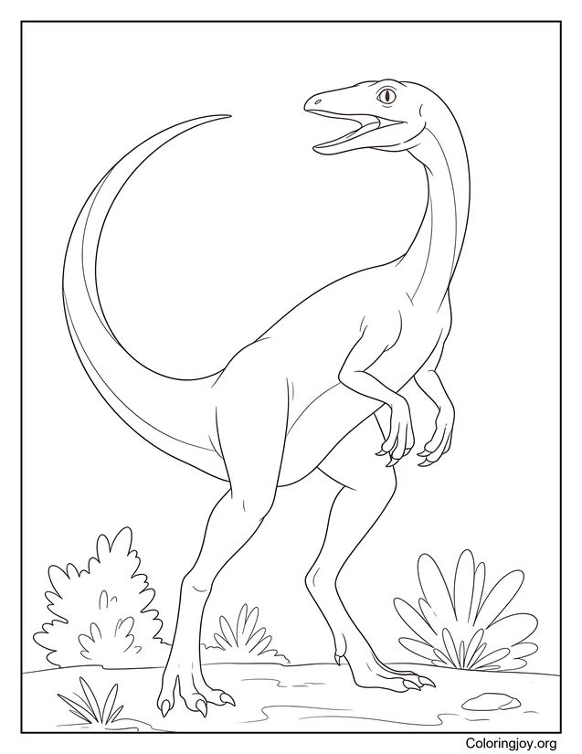 Coloriage Compsognathus près des buissons