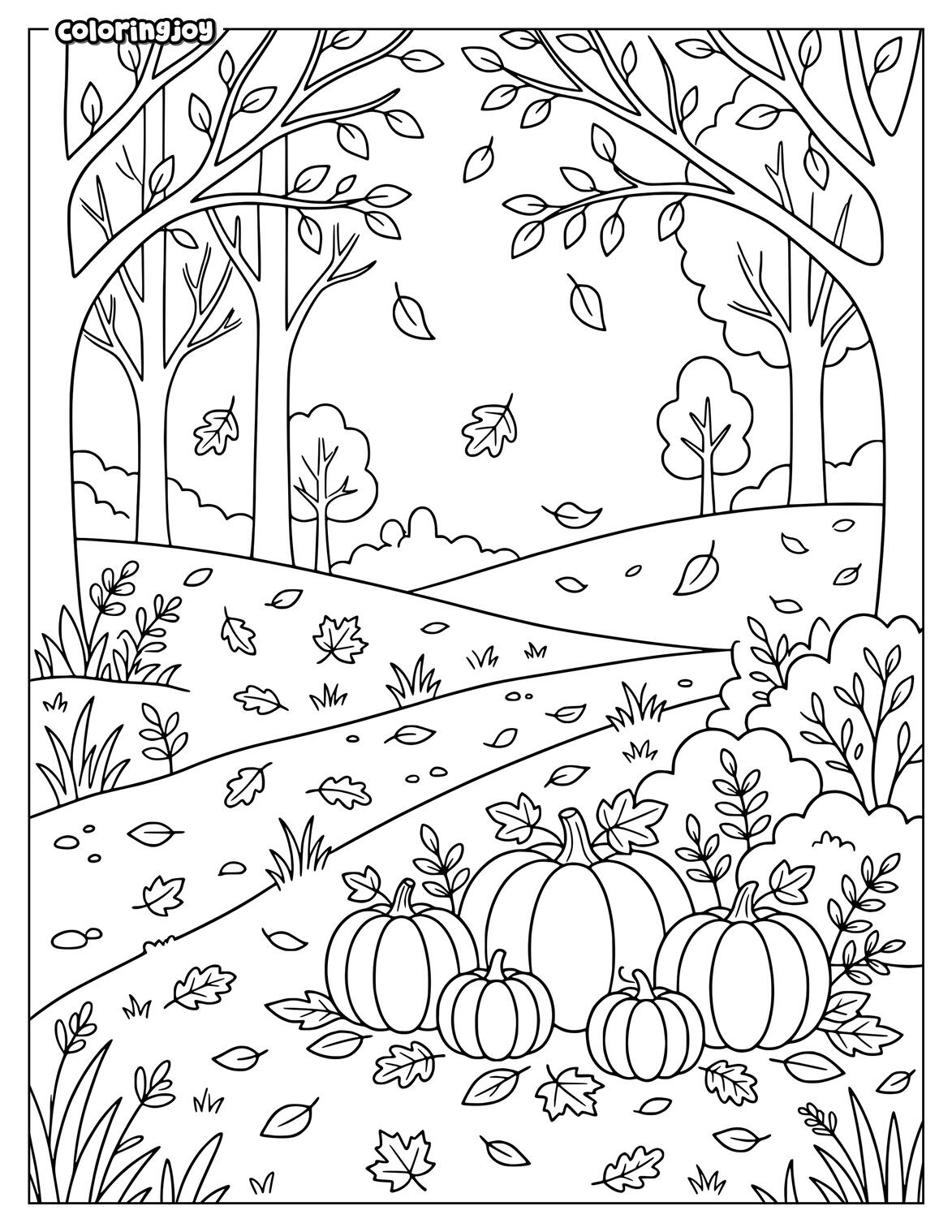 Fall Leaves coloring page with woodland trees bushes mushrooms and scattered leaves.
