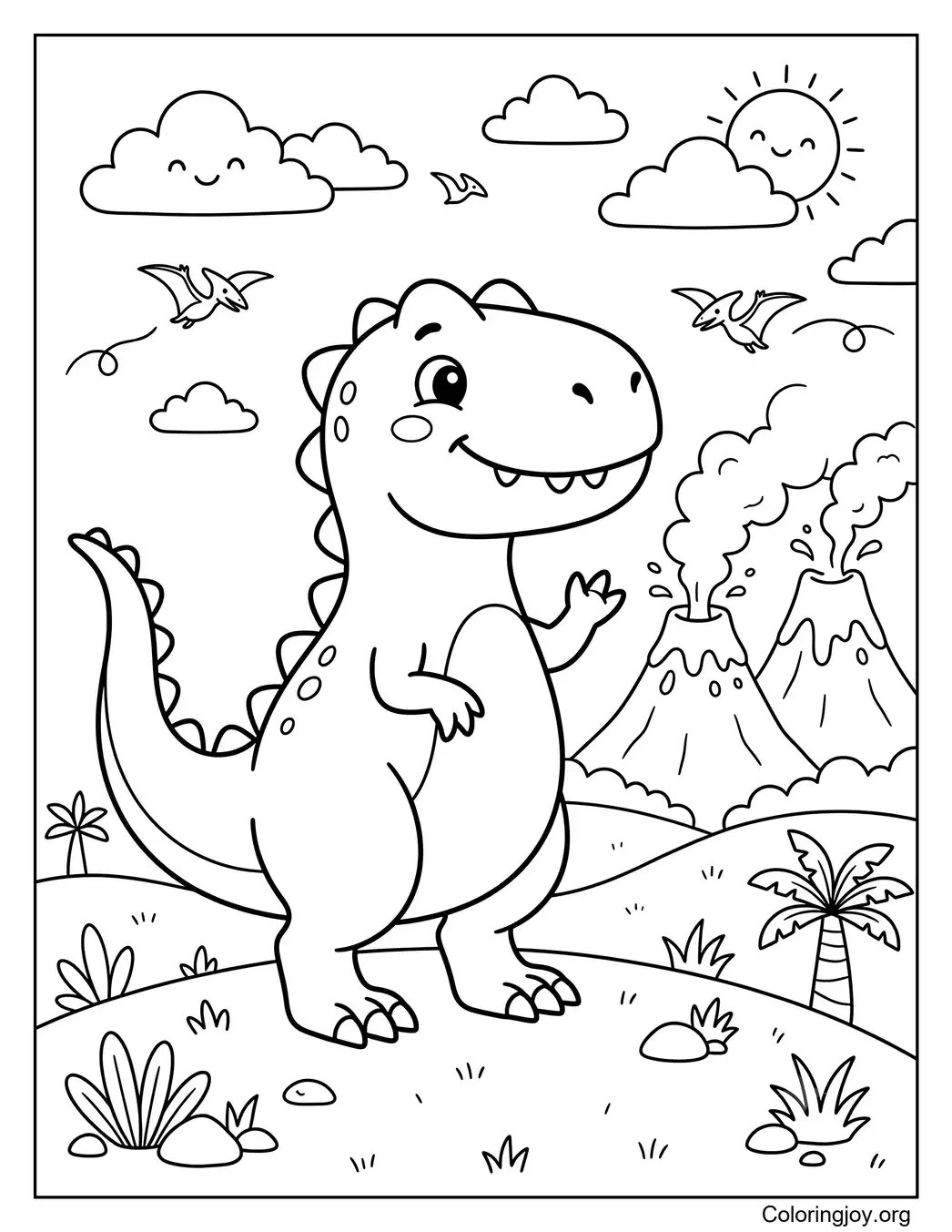 Cute cartoon Allosaurus smiling at volcanoes