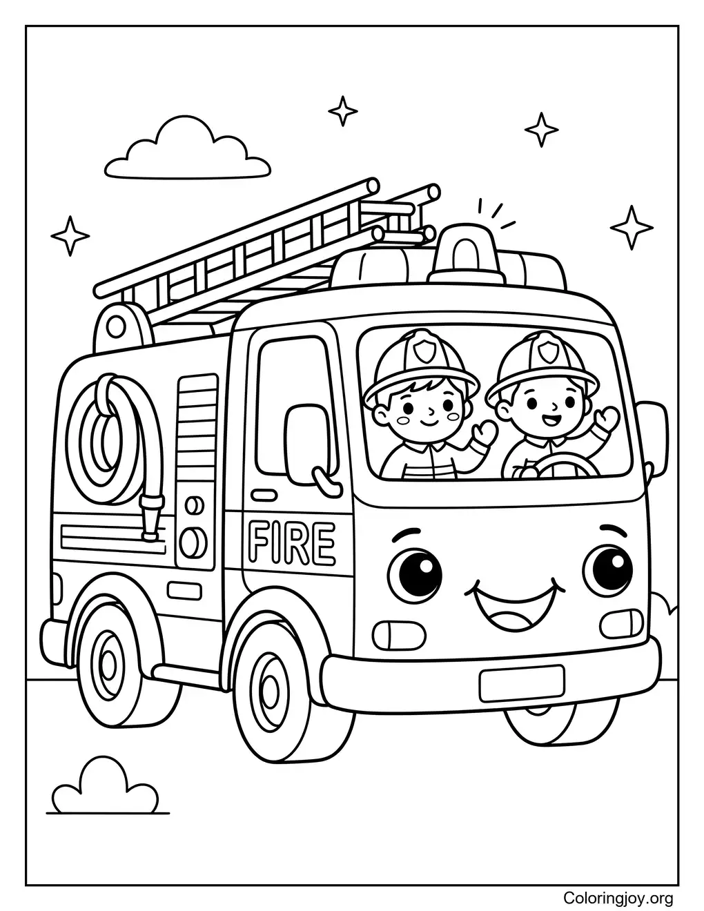 Cute Cartoon Fire Truck Coloring Page
