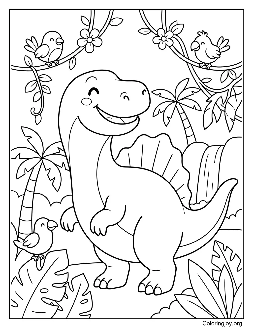Cute Cartoon Spinosaurus Coloring Page in the Jungle