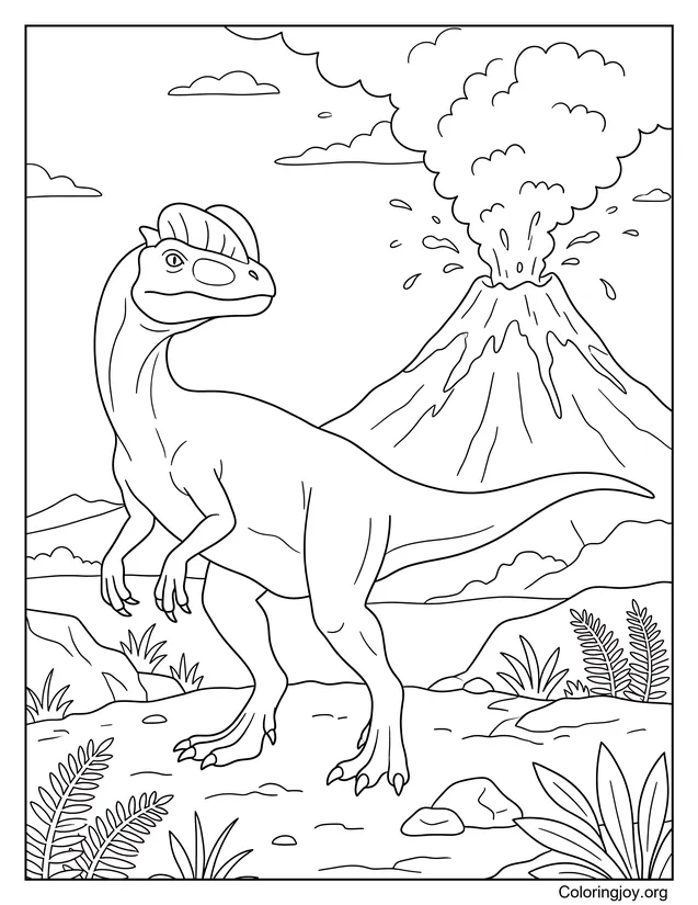A Dilophosaurus Near a Volcano