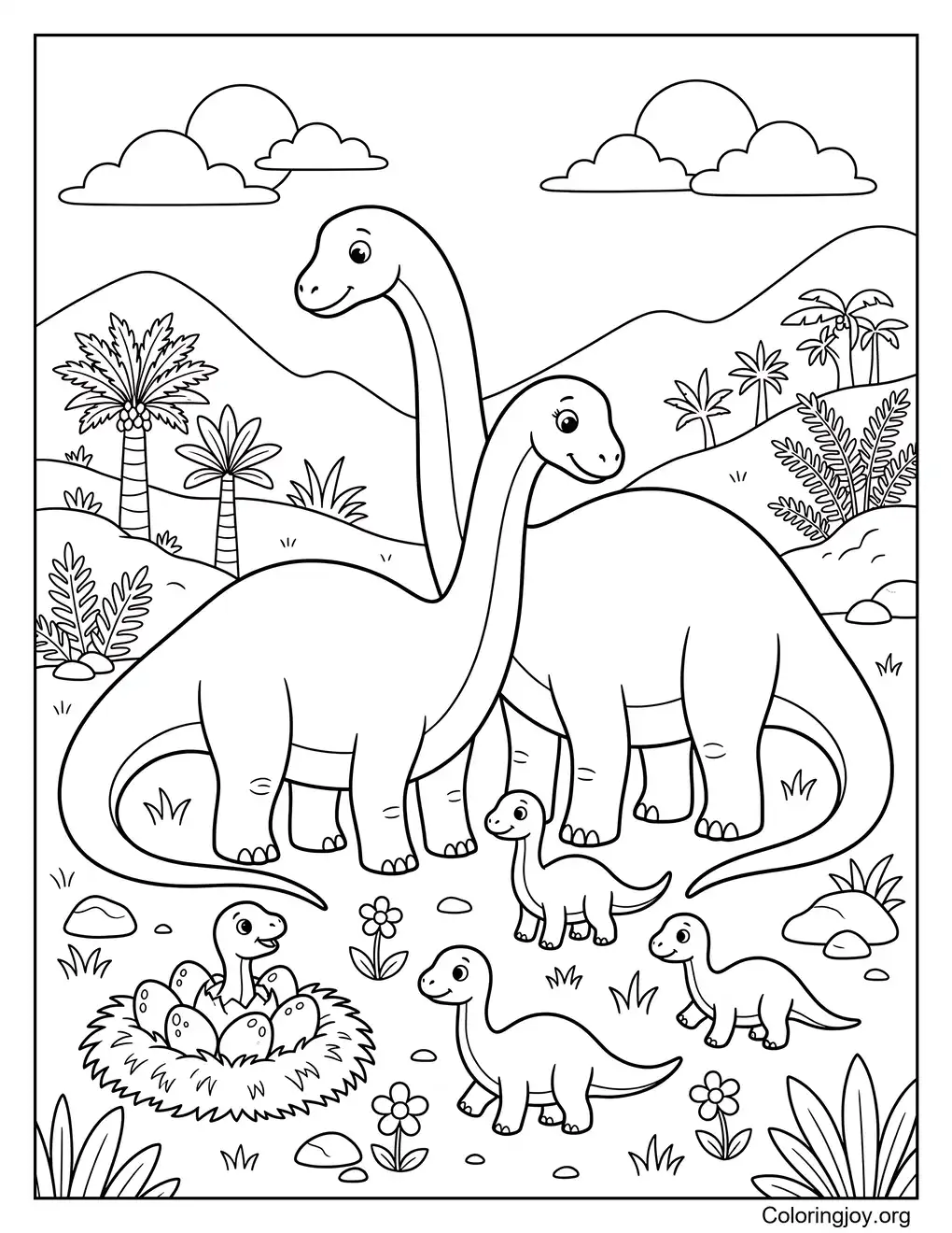 Diplodocus family scene with baby dinosaurs