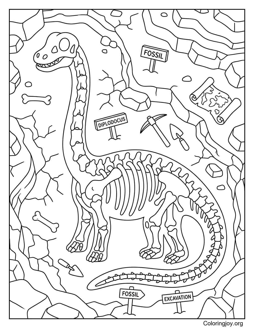 Diplodocus skeleton fossil coloring sheet