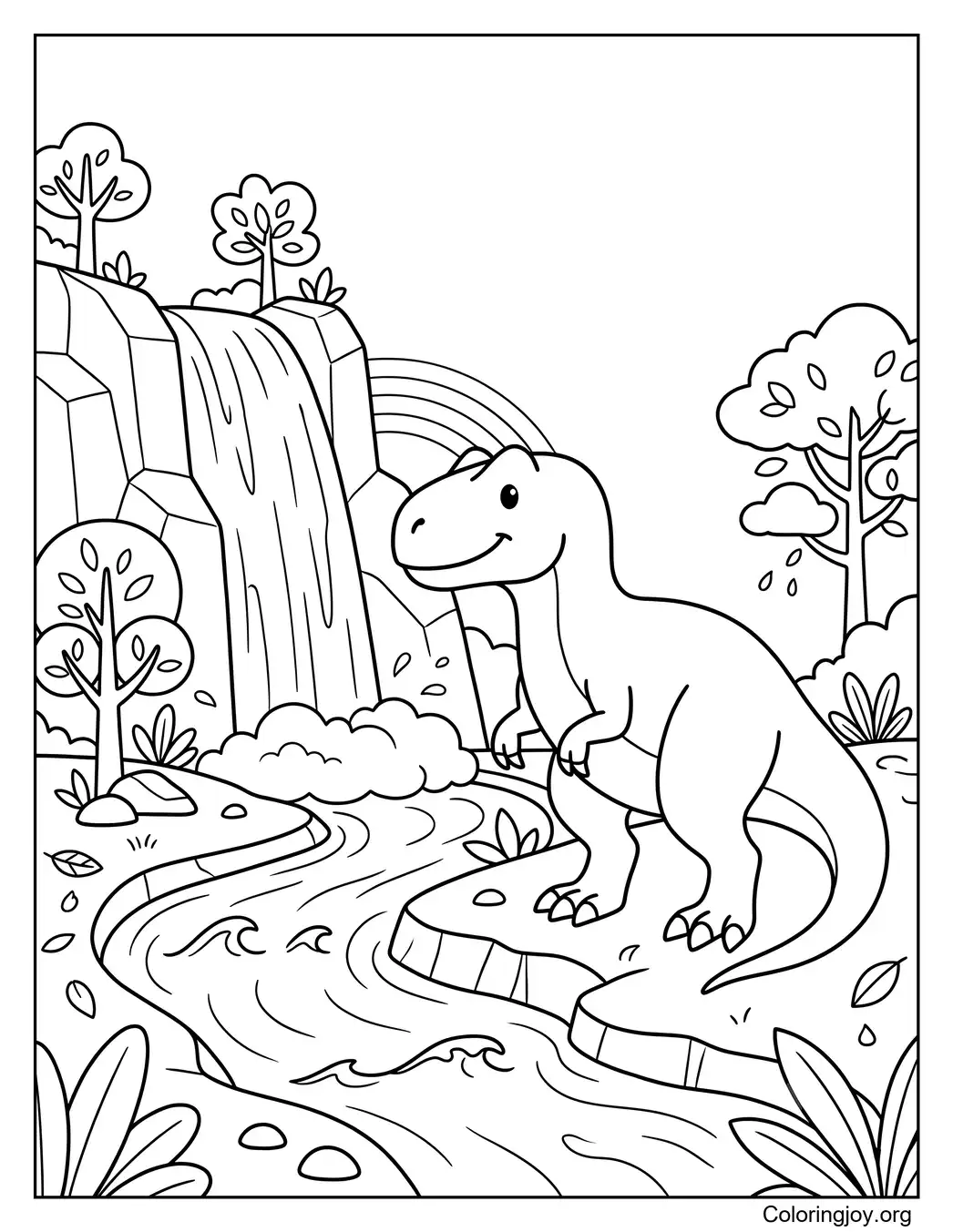 Allosaurus cerca de una escena de cascada