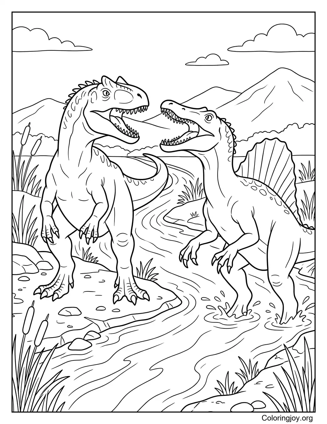 Allosaurus vs Spinosaurus cerca de un río