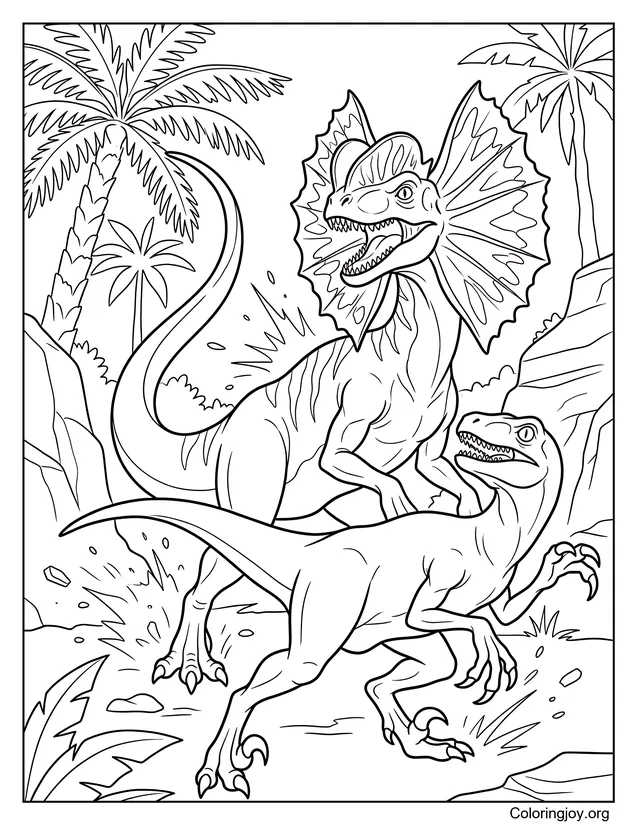 Batalla de Dilophosaurus con Velociraptor