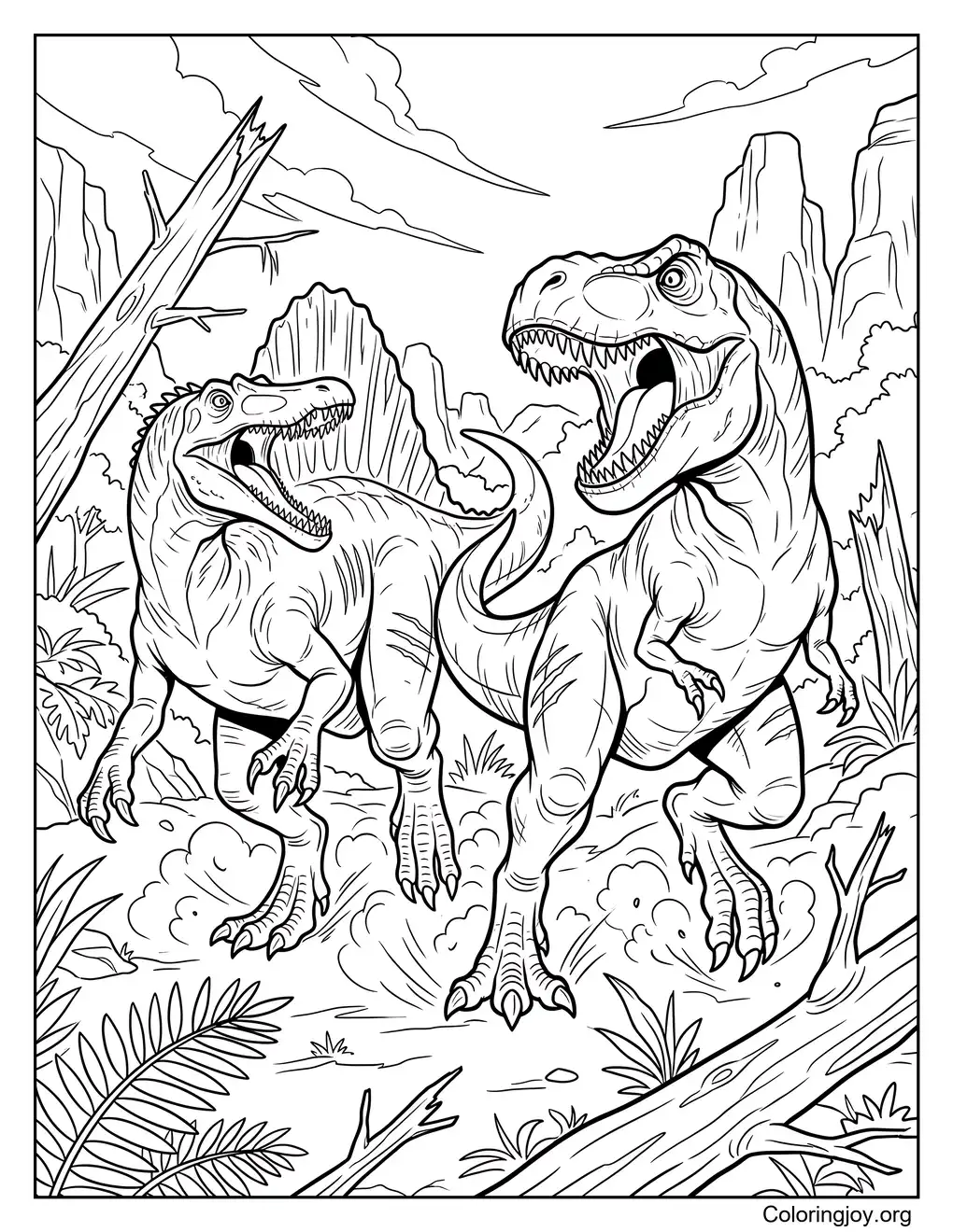 Página para colorear de batalla entre T Rex y Spinosaurus