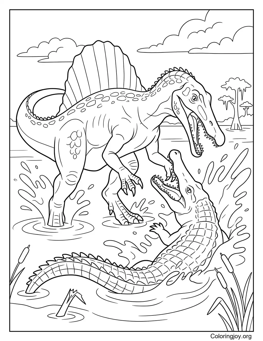 Cocodrilo gigante vs Spinosaurus para colorear
