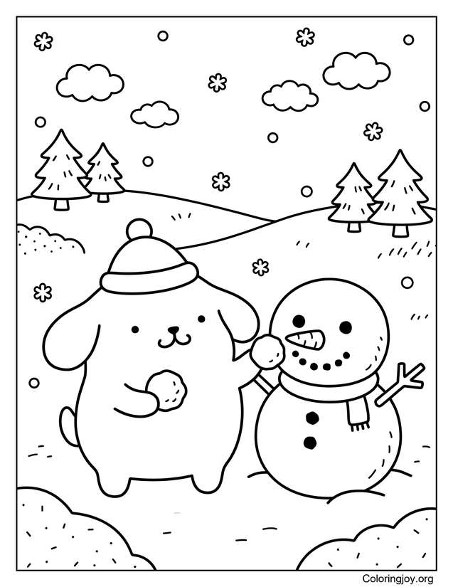 Diversión invernal con Pompompurin y un muñeco de nieve