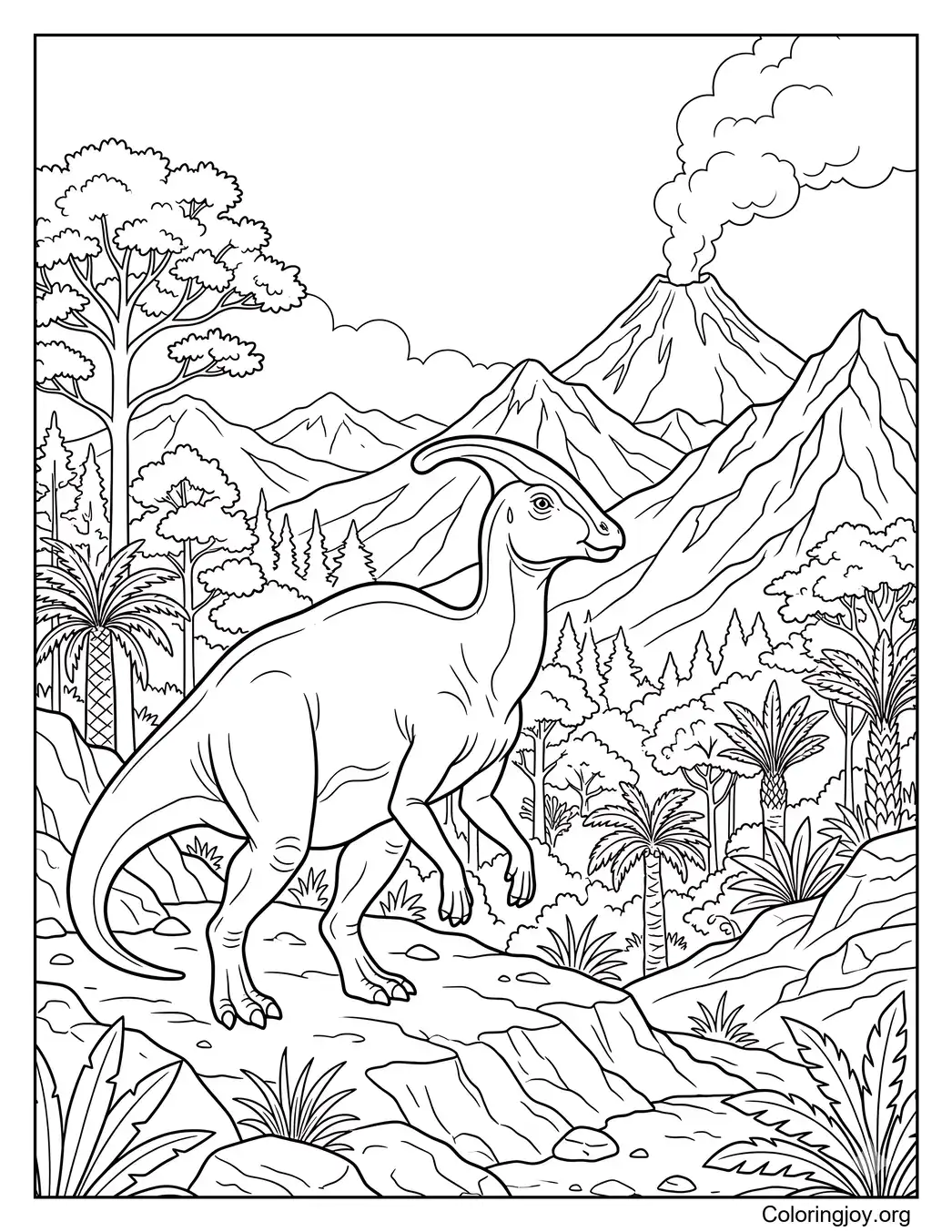 Escena de Parasaurolophus con volcán, árboles y montañas