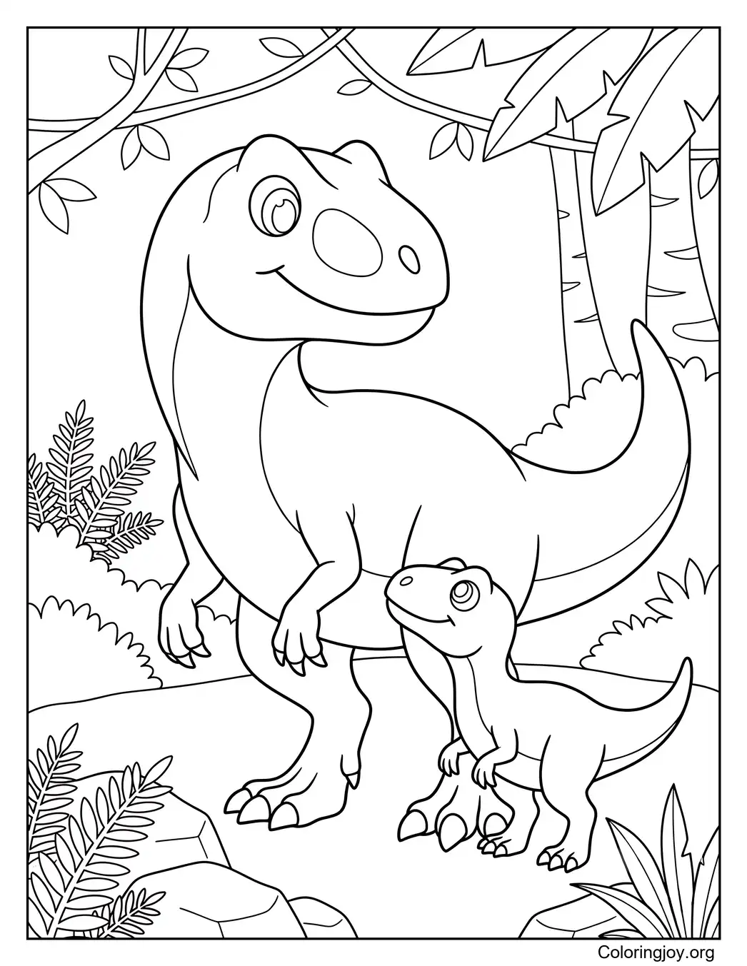 Escena familiar de madre y bebé Allosaurus