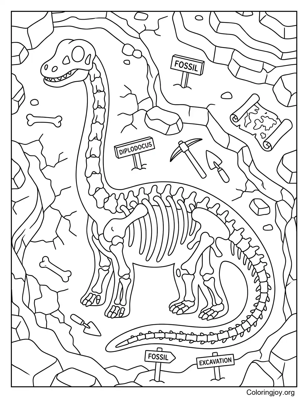 Hoja para colorear de fósil de esqueleto de Diplodocus
