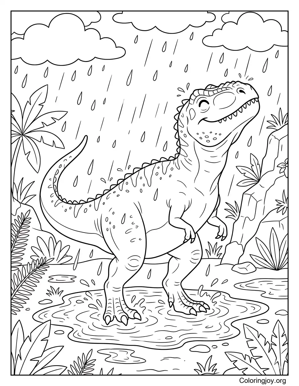 Giganotosaurio jugando bajo la lluvia